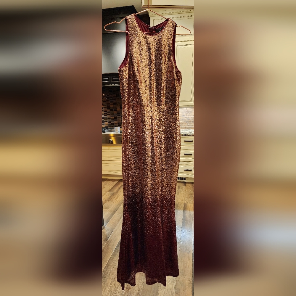 Sequin Metallic Copper Evening Gown - Sleeveless Long Dress